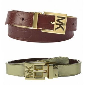 New! MICHAEL KORS MK Logo Women's Reversible Leather Belt Brown Gold Size Large